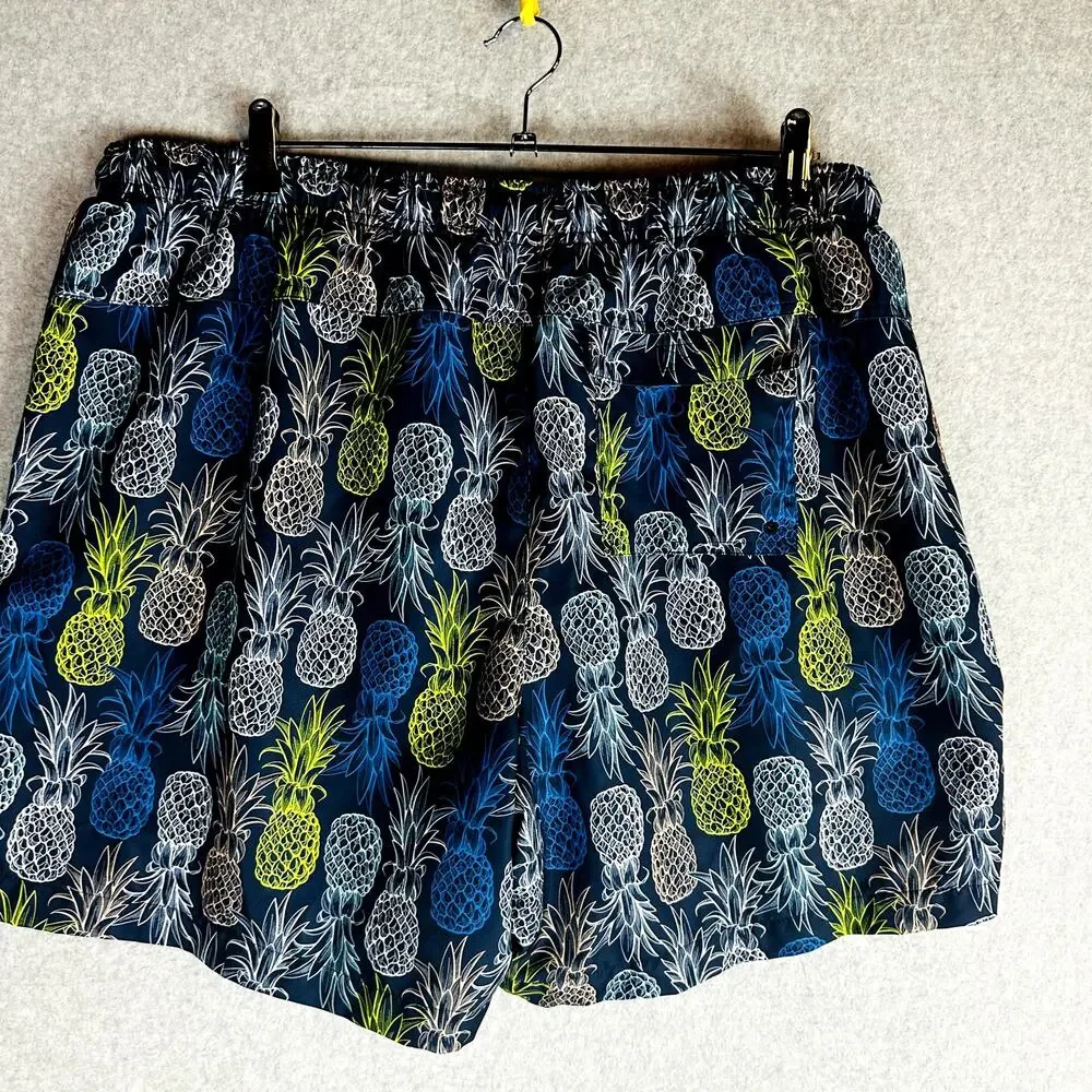 DSG Mens Sz 2XL Swim Trunks Lined Blue Pineapple Fruit Pockets Elastic Waist